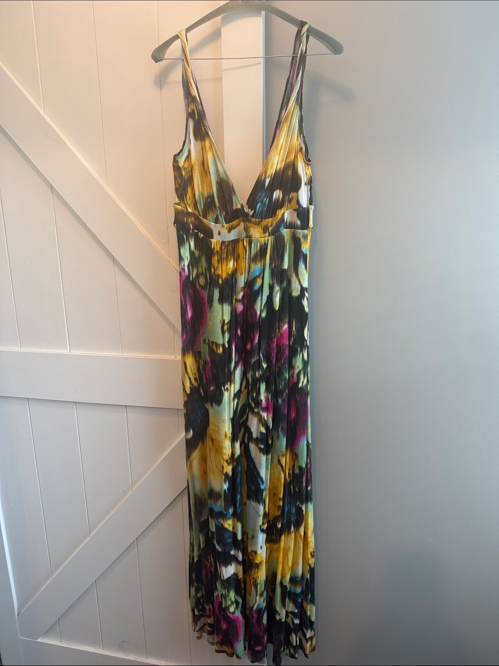 Matty M Multicolor V-Neck Maxi Dress in Yellow, Green, Black & Purple
